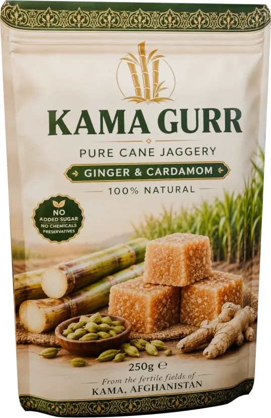 KAMA GURR Ginger & Cardamom Jaggery pouch, cream with green and gold detailing