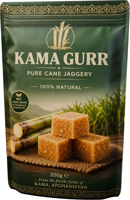 KAMA GURR Pure Cane Jaggery pouch, deep green with gold sugarcane emblem