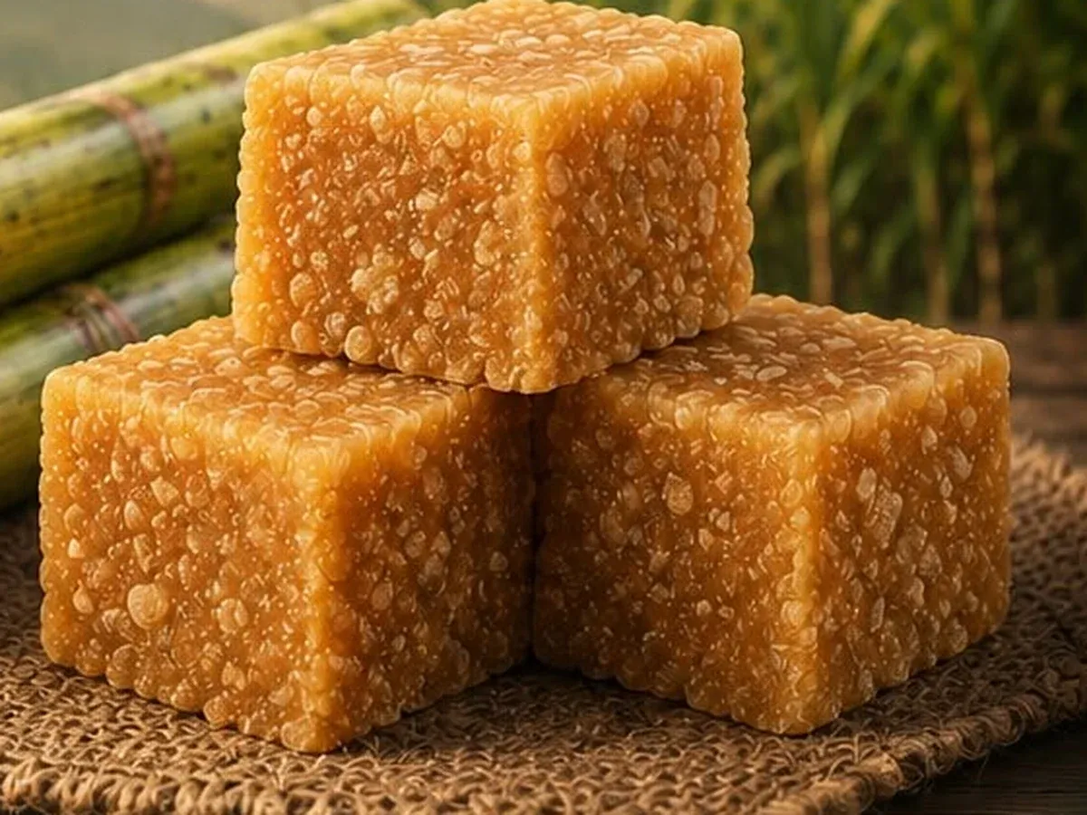 Close view of golden jaggery cubes on burlap, from the KAMA GURR pack artwork