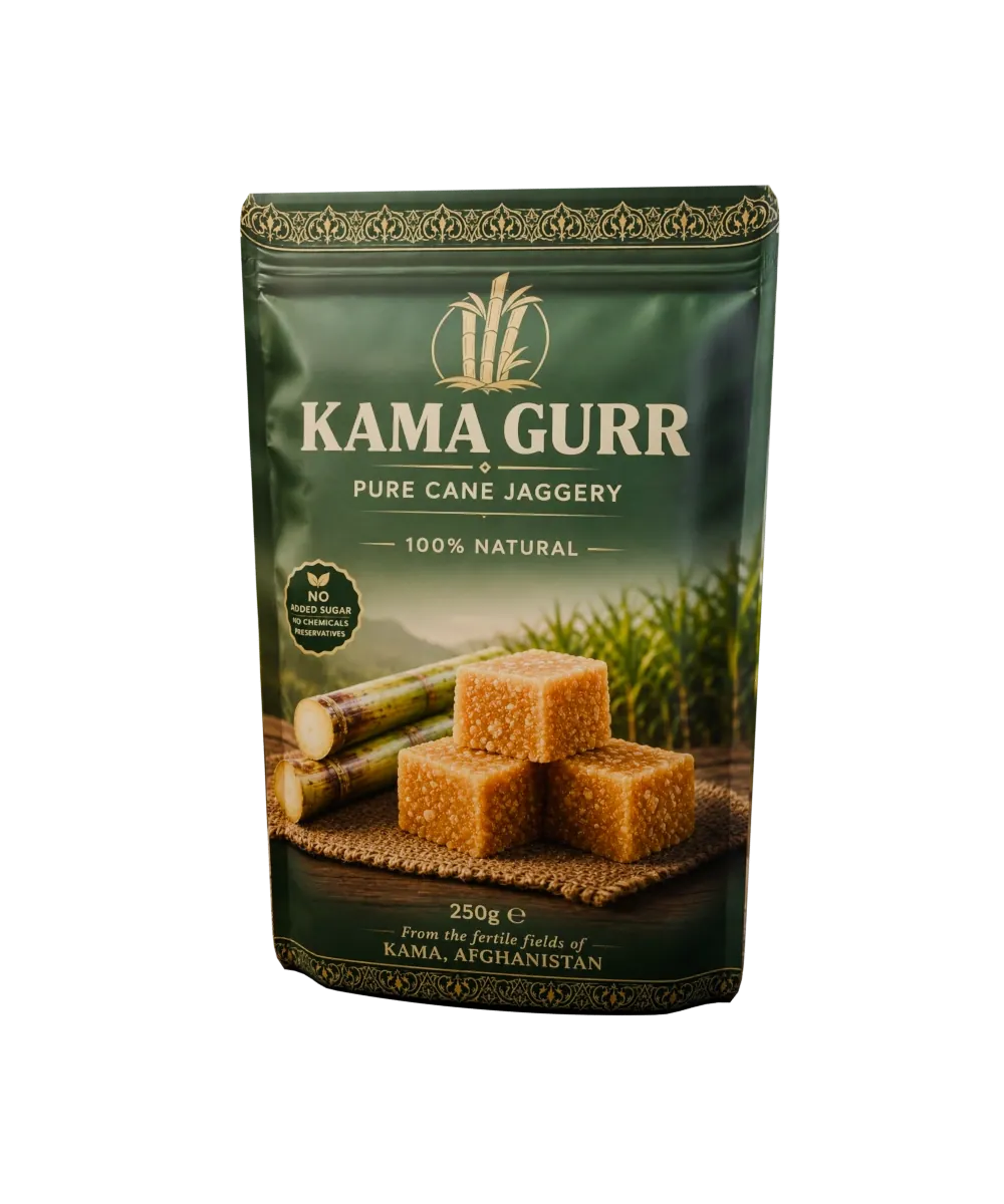 KAMA GURR Pure Cane Jaggery pouch, deep green with gold sugarcane emblem