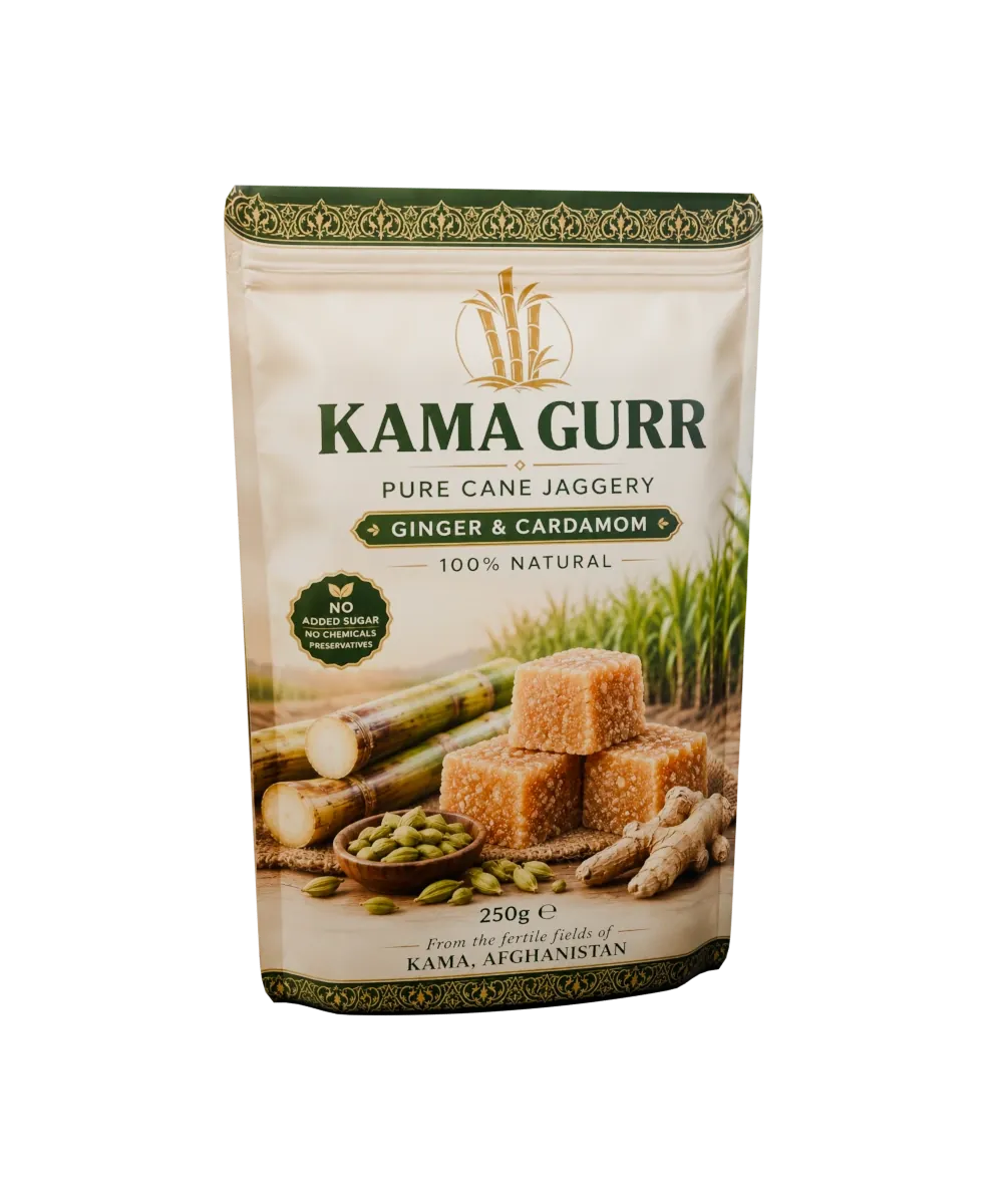KAMA GURR Ginger & Cardamom Jaggery pouch, cream with green and gold detailing